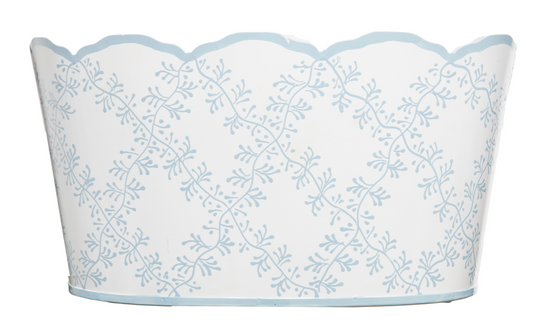 White & Pale Blue Trellis Scalloped Planter