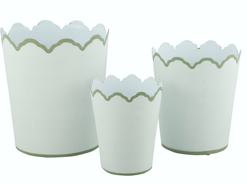 White & Soft Green Scalloped Bucket Wastepaper Basket & Planters (3 Options)