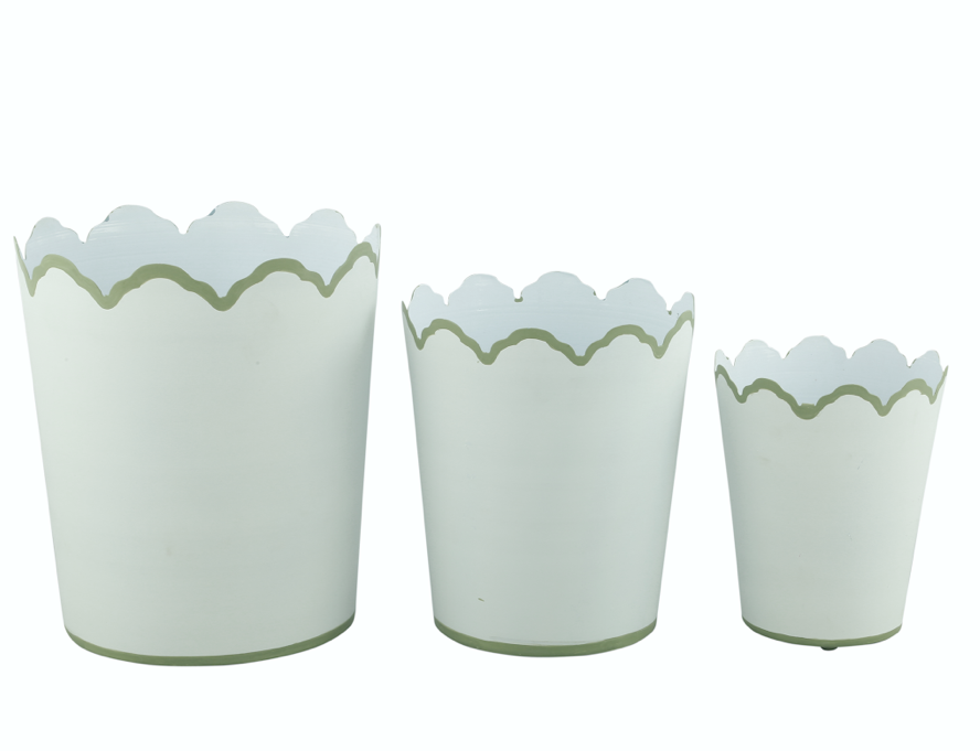 White & Soft Green Scalloped Bucket Wastepaper Basket & Planters (3 Options)