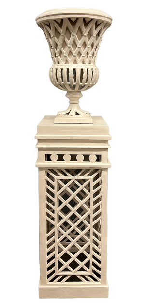 Bisque Cast Aluminum Fretwork Urn and Pedestal (2 Options)