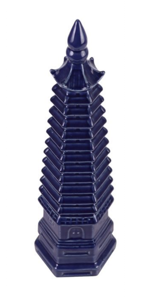 a blue ceramic tower with a round top