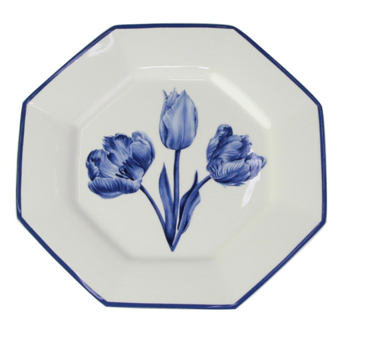a plate with a blue and white design