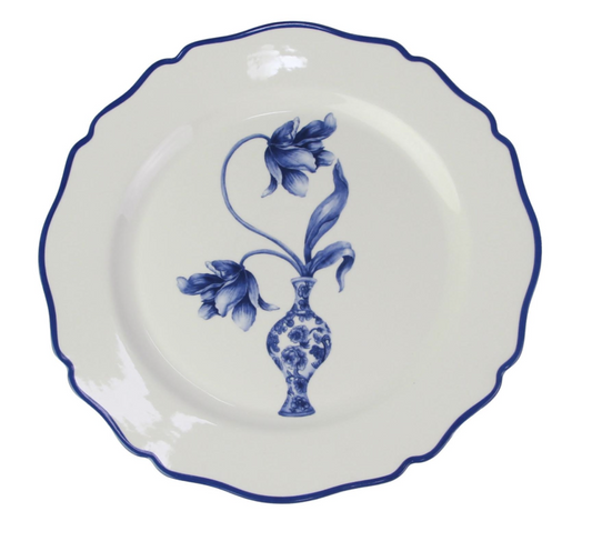 a plate with a blue and white design