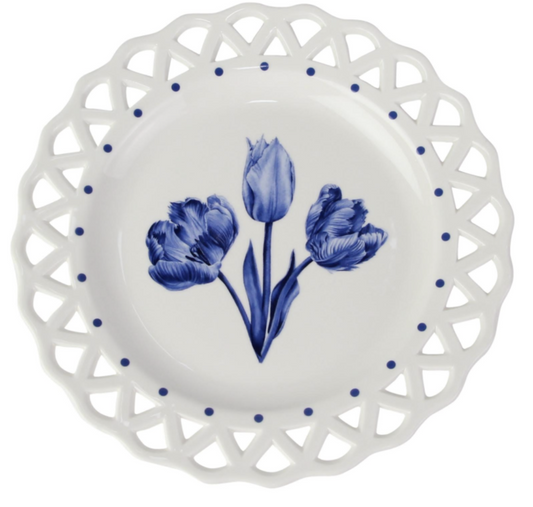 a white plate with blue flowers on it