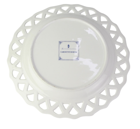 a white plate with a blue design