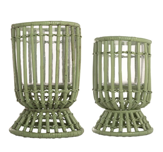 a pair of green wicker candlesticks