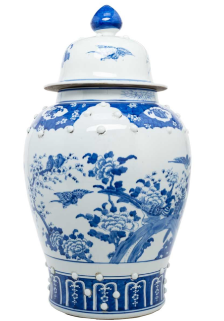 a blue and white vase