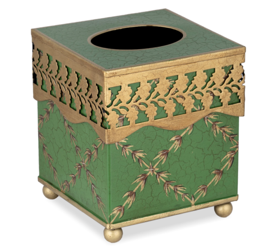 Moss Green & Gold Leaf Wastepaper Basket & Tissue (2 Options)