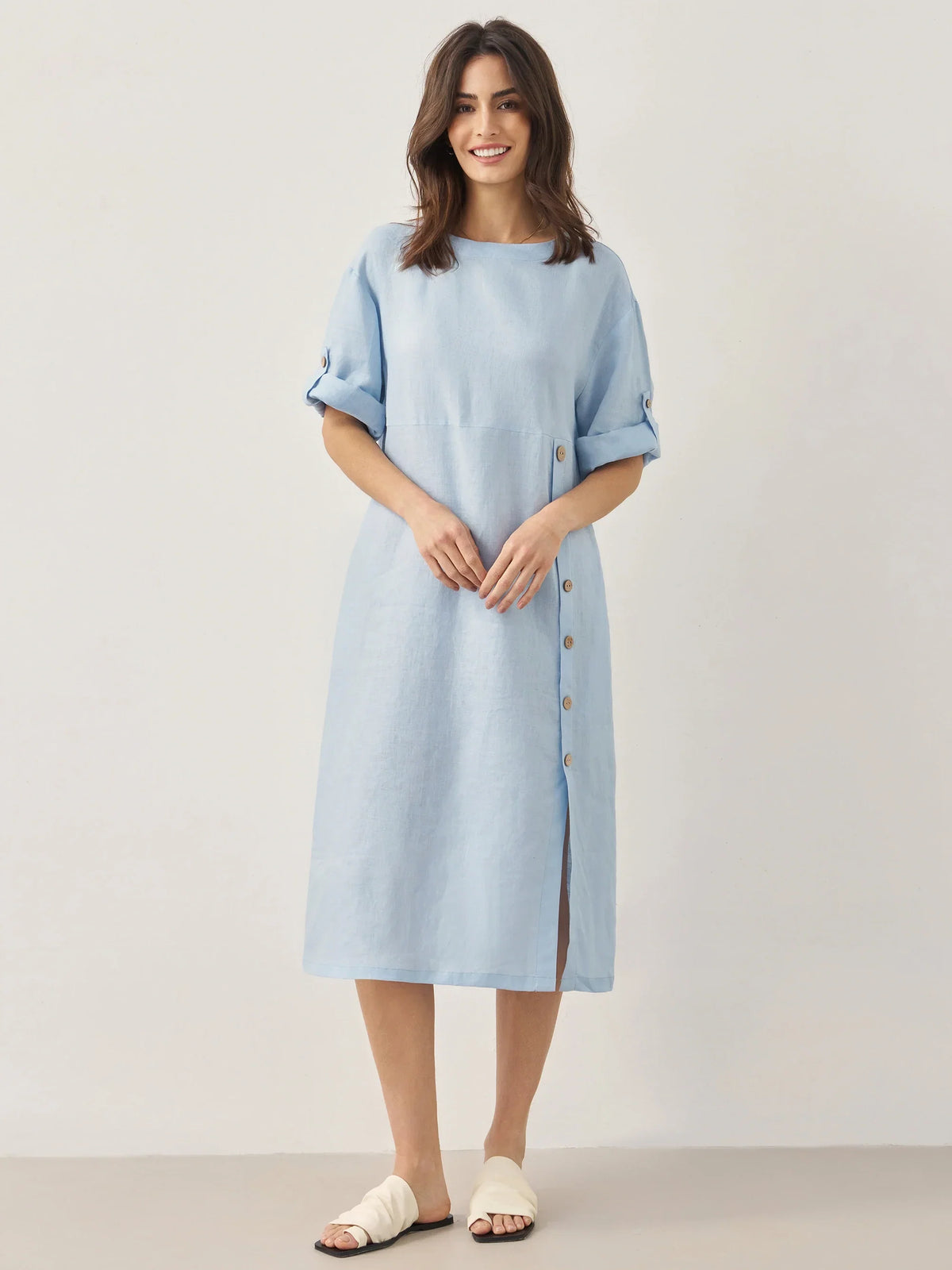 a woman in a blue dress