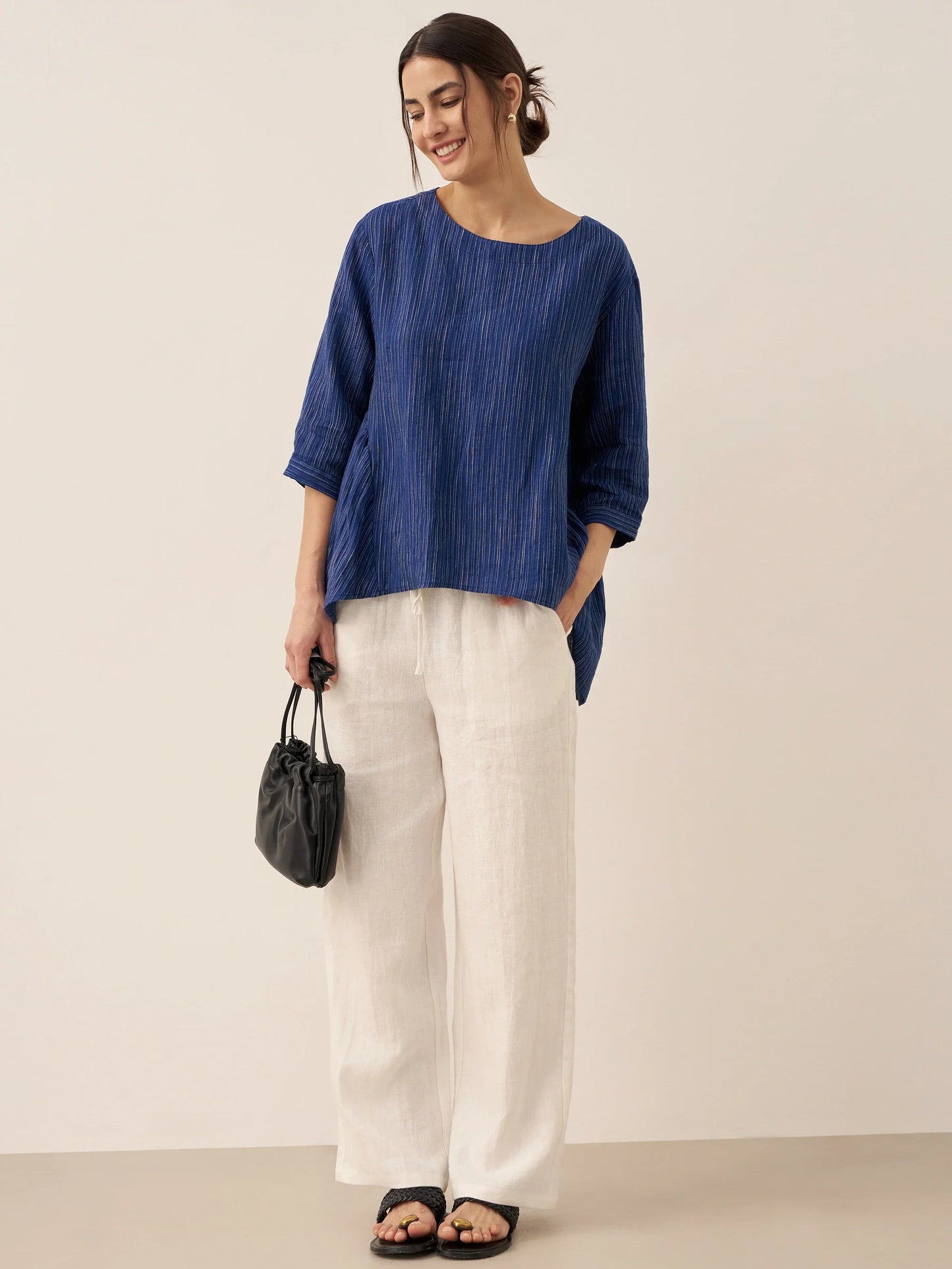 100% Linen Round Neck Artistic Stripe Top FLORENCE