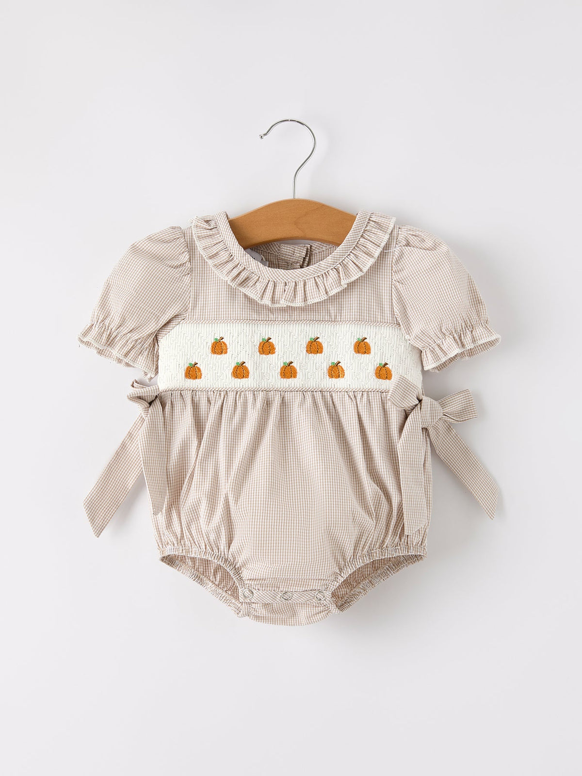 Fall Halloween & Thanksgiving Pumpkin Embroidery Smock Plaid Baby Girl Romper