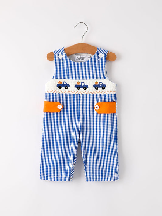 Fall Thanksgiving & Halloween Truck Smock Embroidery Baby Boy Romper
