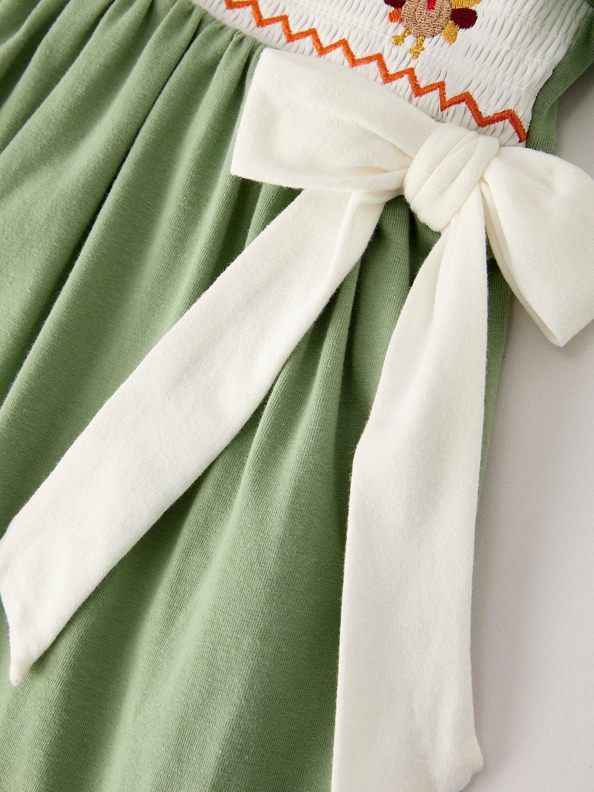 Fall Thanksgiving Chicken Smock Embroidered Green  Baby Girl Dress
