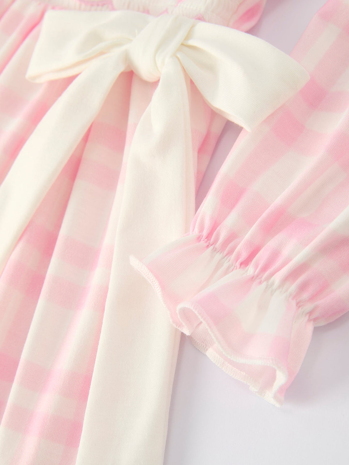 Fall Pink Plaid Ruffle Ballet Shoe Embroidery Long Sleeve Dress