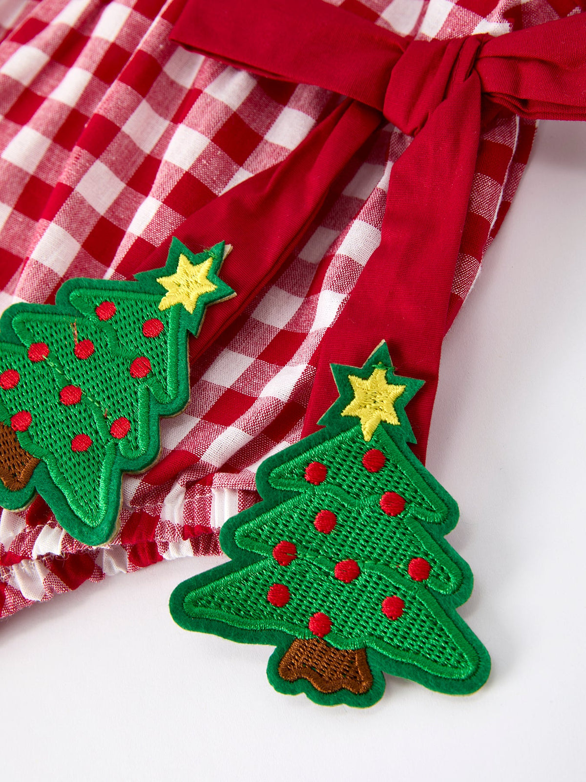 Baby Girls Christmas Outfit – Red Plaid Romper with Tree Bow Accents