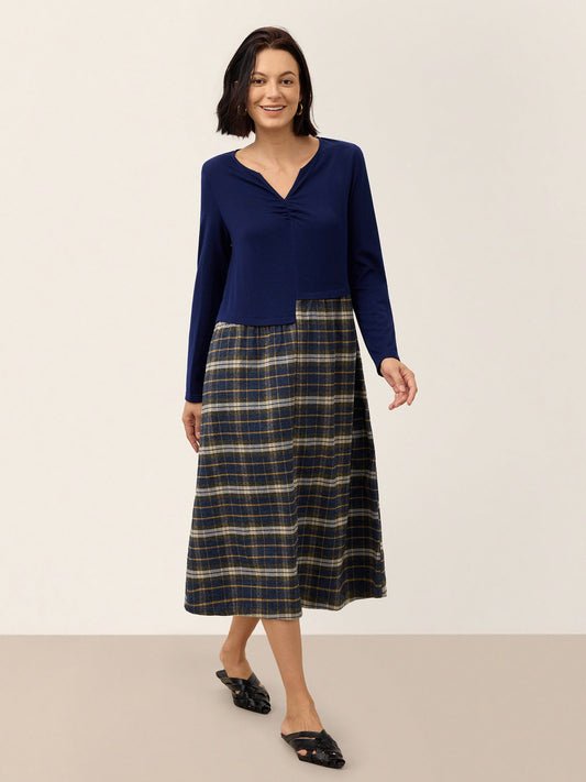 Wool Contrast Check Pleated Waist Midi Dress VALORA