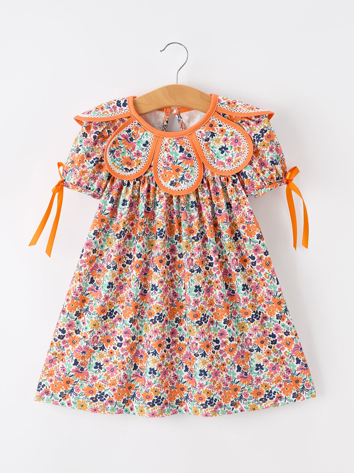 Orange Floral Bow Petals Collar Girls Dress