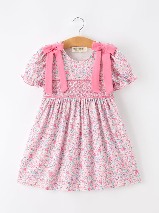 Pink Bow Smocked Floral Girl Dress