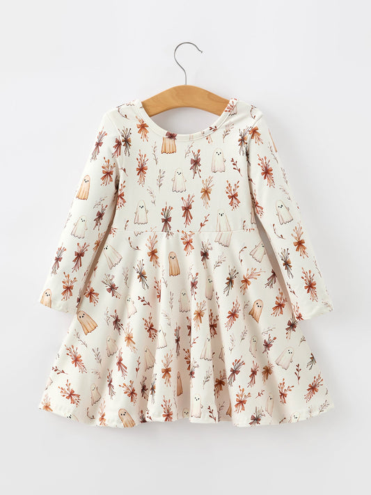 Halloween Ghost Floral Bow Girls Long Sleeve Twirl Dress