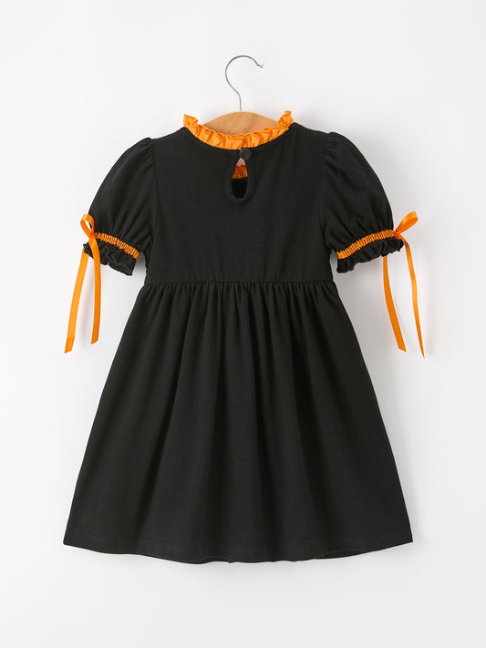 Girls Halloween Dog Pumpkin Applique Dress Puff Sleeve