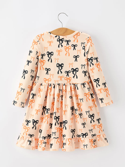 Halloween Bow Print Girls Twirl Dress Long Sleeve with Pockets