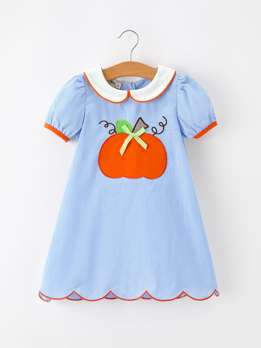 Fall Girls Plaid Pumpkin Appliqué Peter Pan Collar Dress