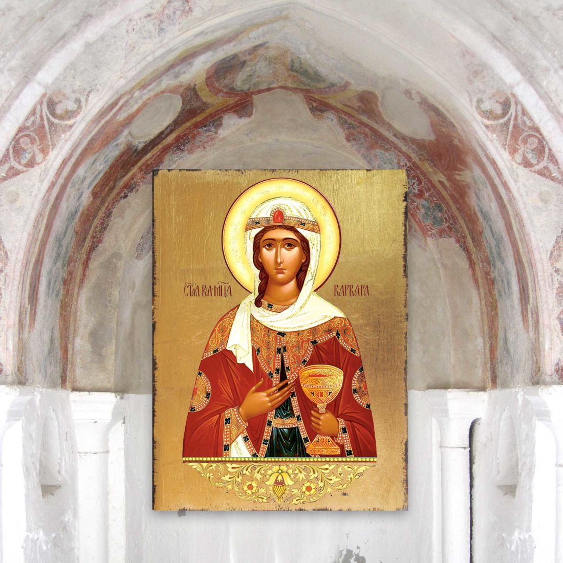 Saint Barbara Wooden Gold Plated Religious Orthodox Sacred Icon - Inspirational Icon Decor - 85038