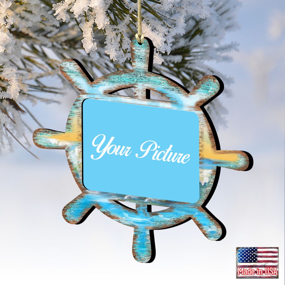 Captains Wheel Coastal Picture Frame Ornaments - Ornament for Photo - Coastal Holiday Decor - 8198536PF