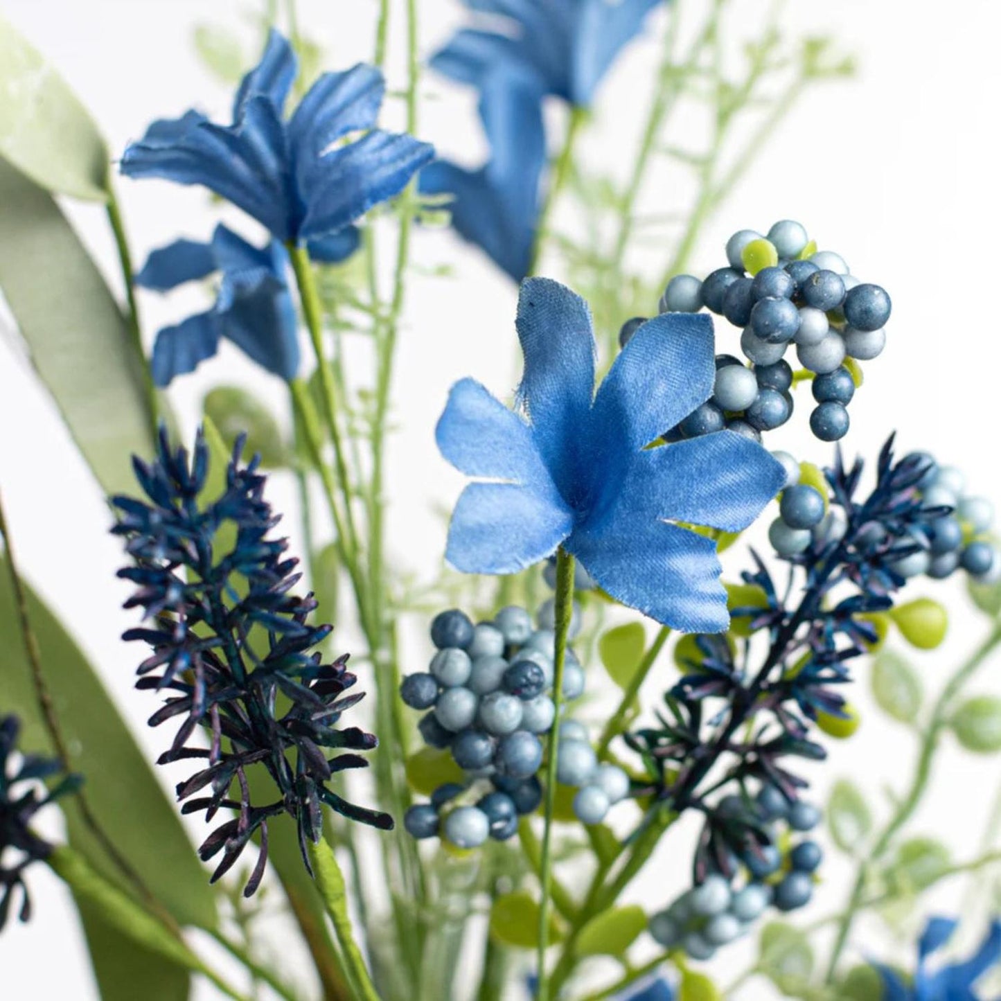 24" Fabric Flower, Leaf, Berry Spray: Two Tone Blue
