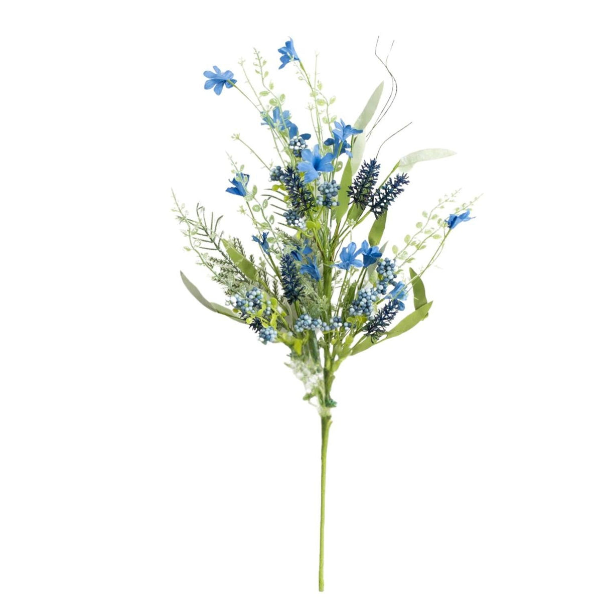 24" Fabric Flower, Leaf, Berry Spray: Two Tone Blue