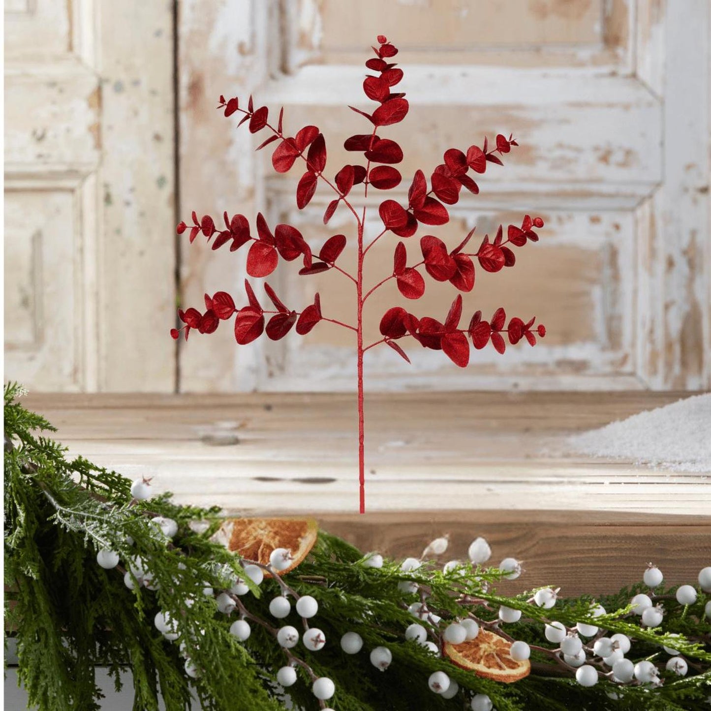 24" Glitter Eucalyptus Spray: Red