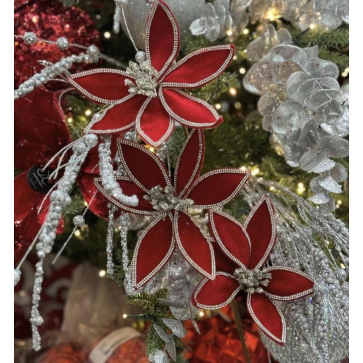 24" Triple Velvet Jewel Poinsettia Stem: Red