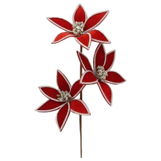 24" Triple Velvet Jewel Poinsettia Stem: Red