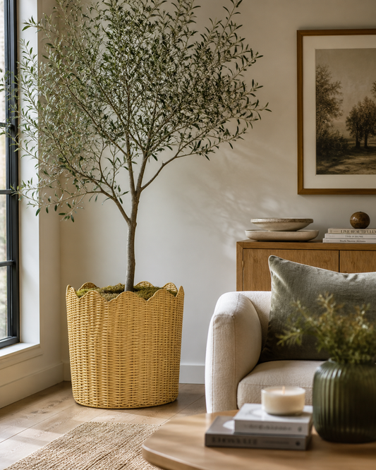 a tree in a basket in a room