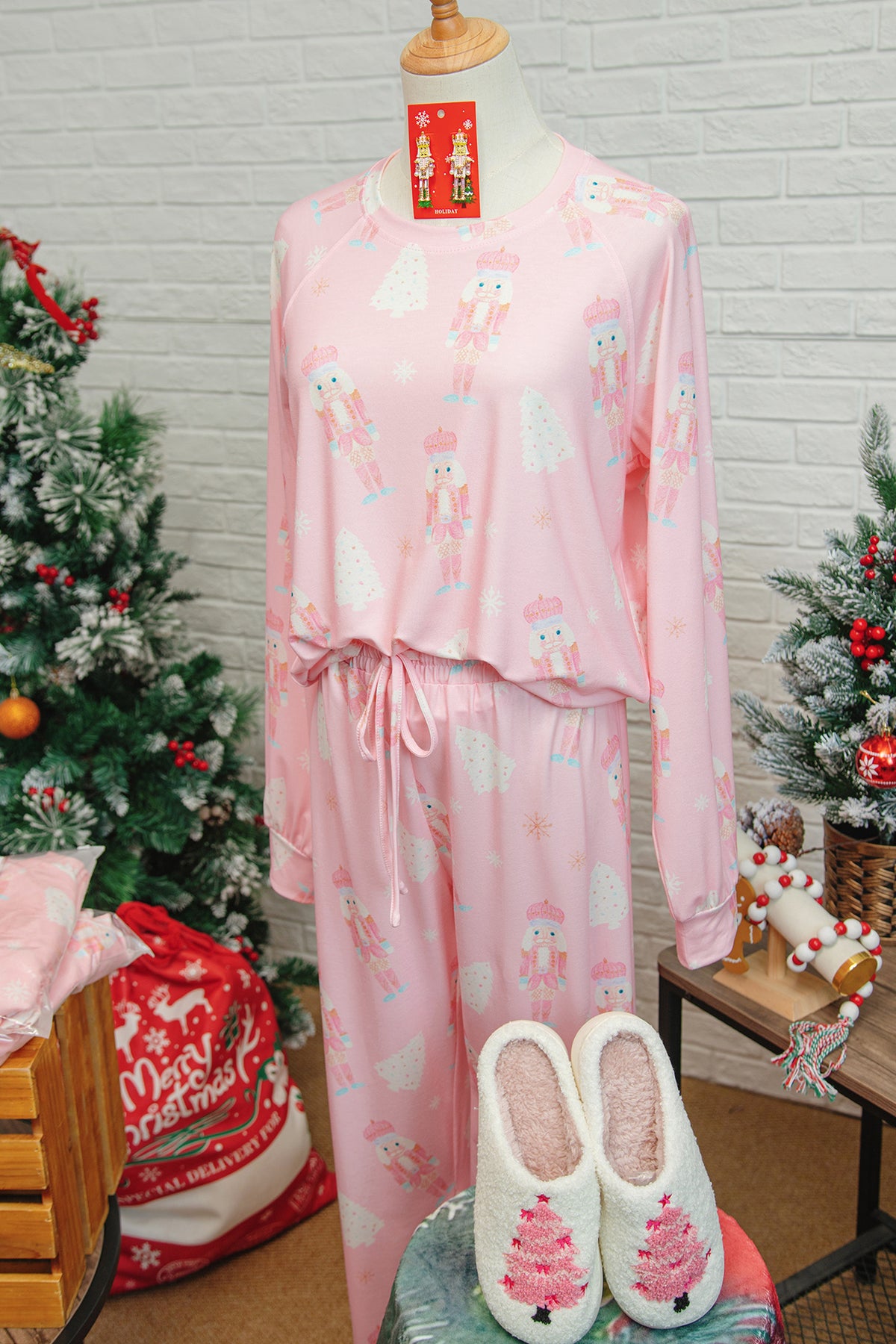 Pink Christmas Tree Nutcracker Print 2pcs Lounge Pant Set