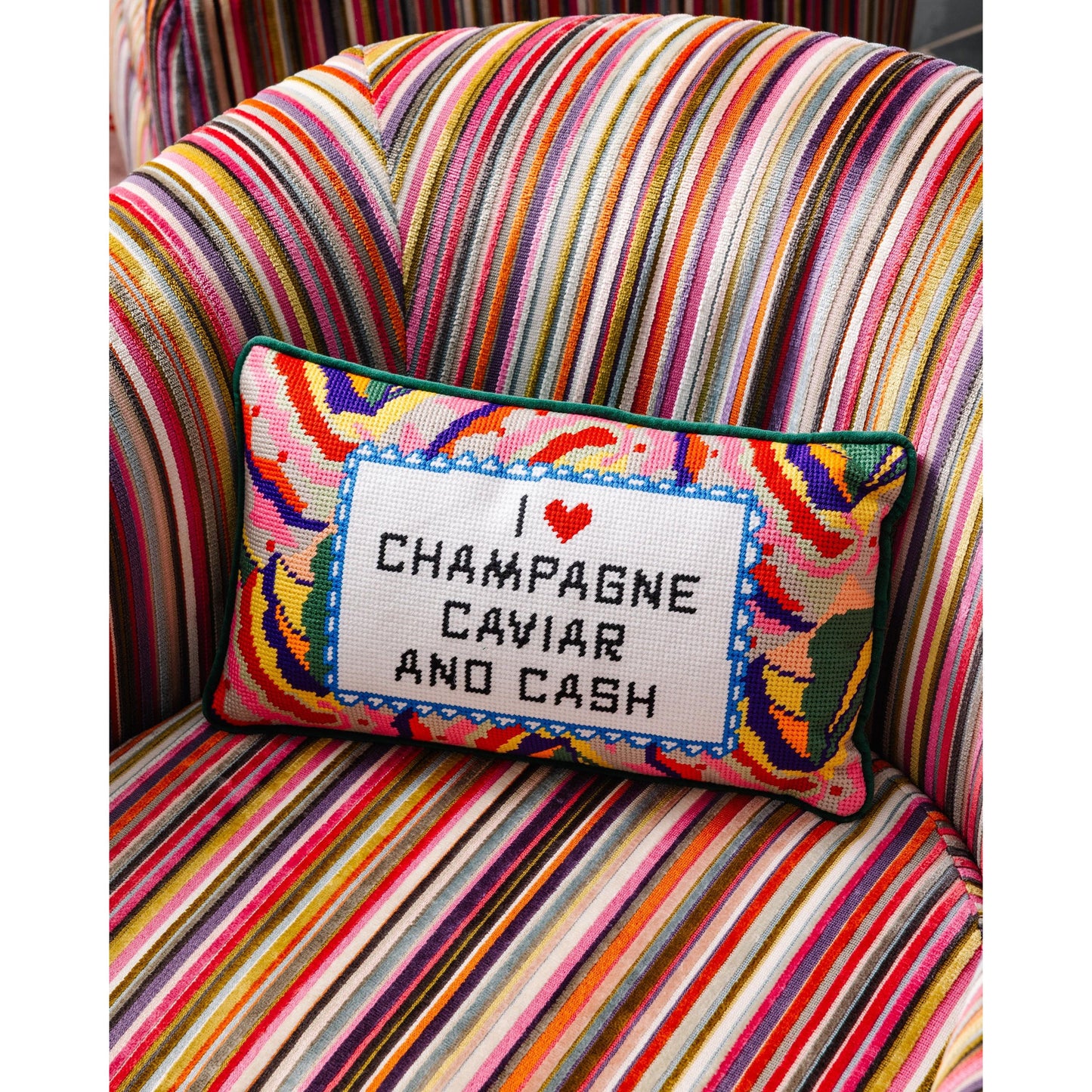 Caviar and Cash Needlepoint Pillow