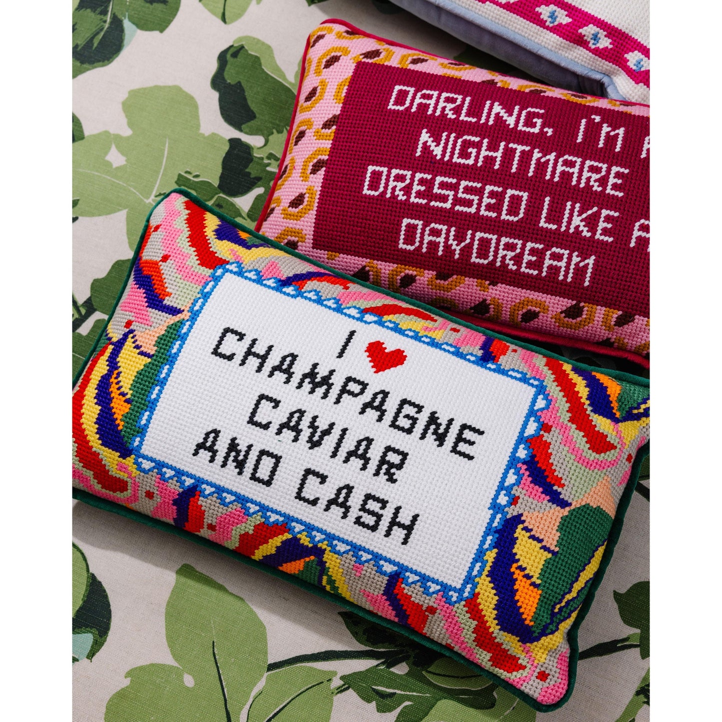Caviar and Cash Needlepoint Pillow
