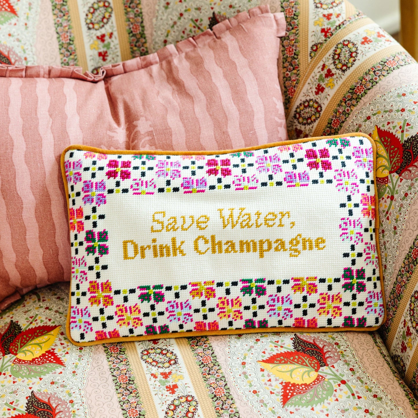Drink Champagne Needlepoint Pillow
