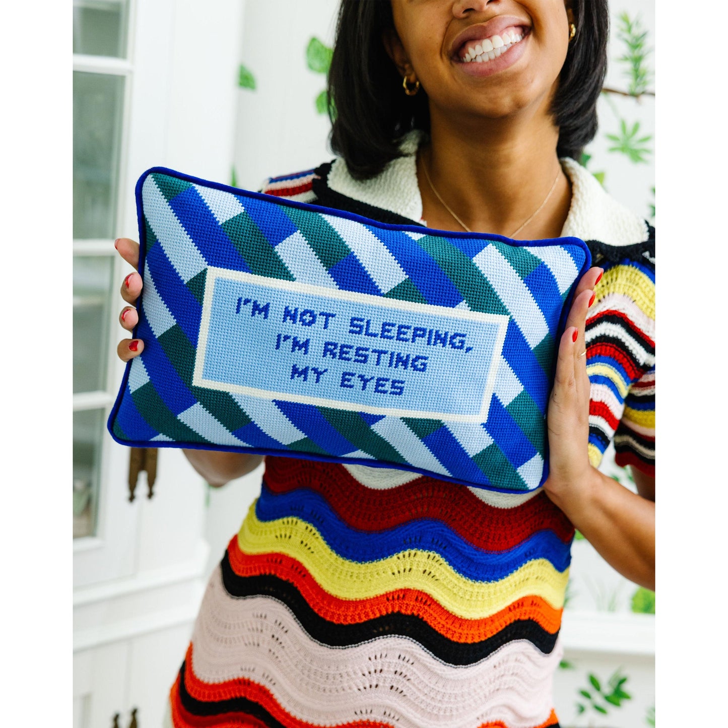 Eyes Resting Needlepoint Pillow