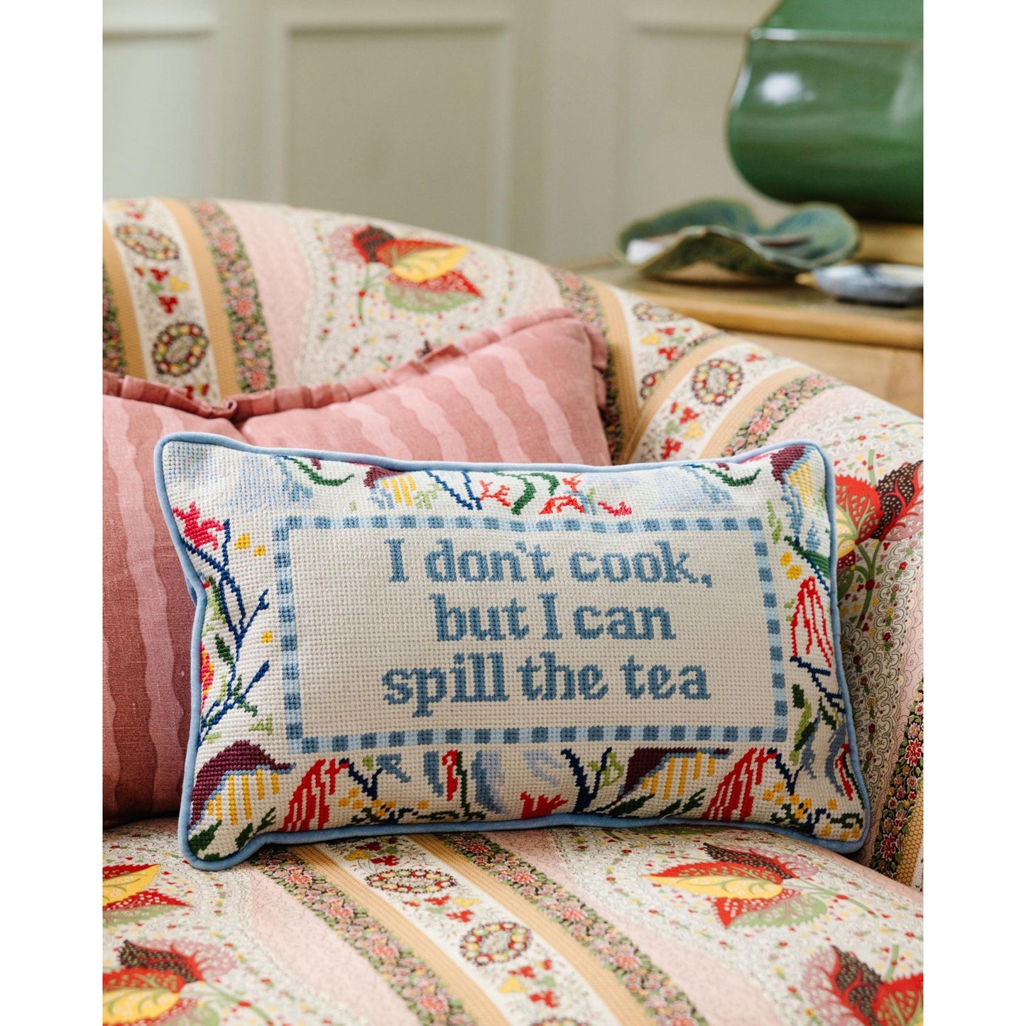 Spill the Tea Needlepoint Pillow