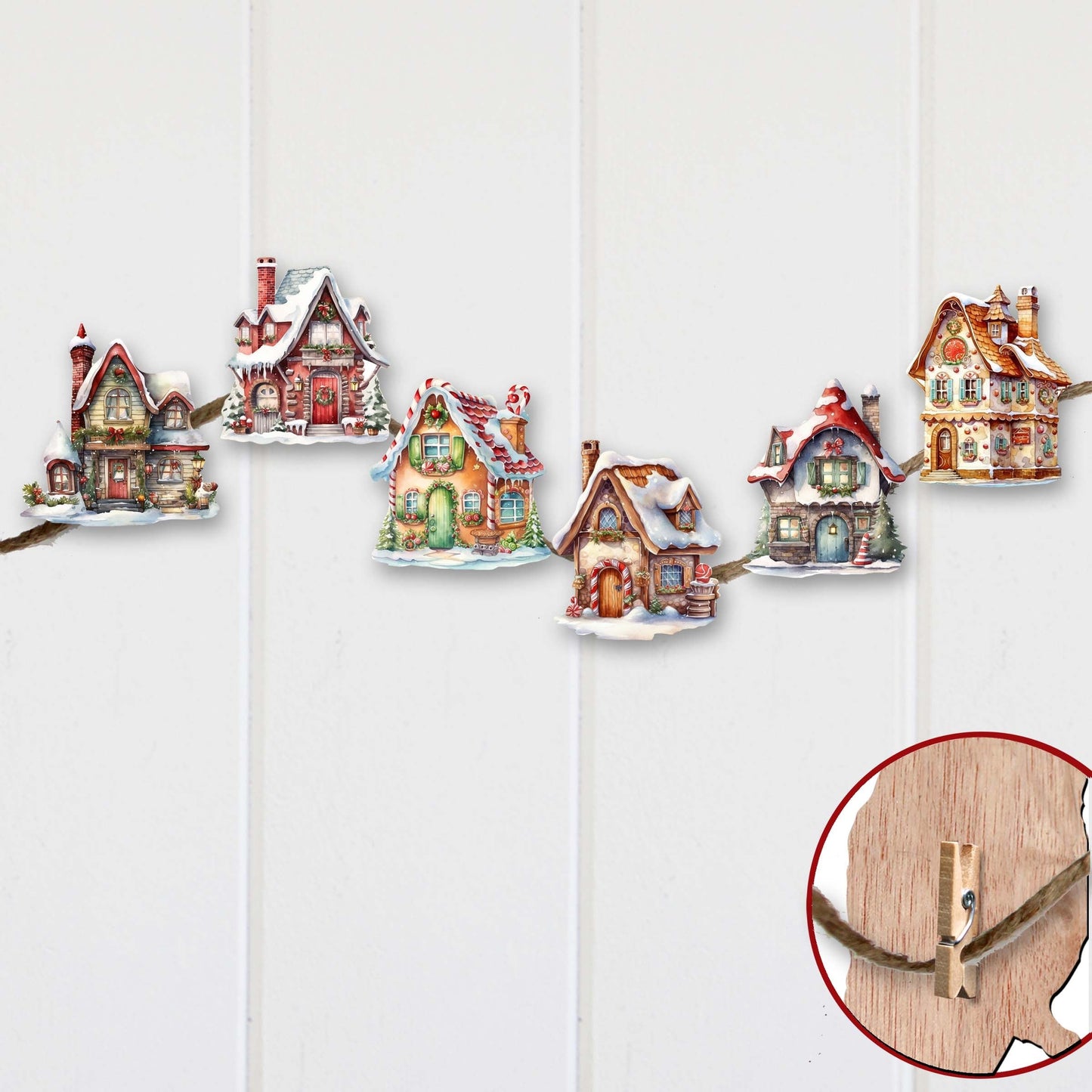 Dream Houses Clip-On Eco Wood Decorative Ornaments Set of 6 by G. Debrekht - Christmas Decor - 8090029C-S6