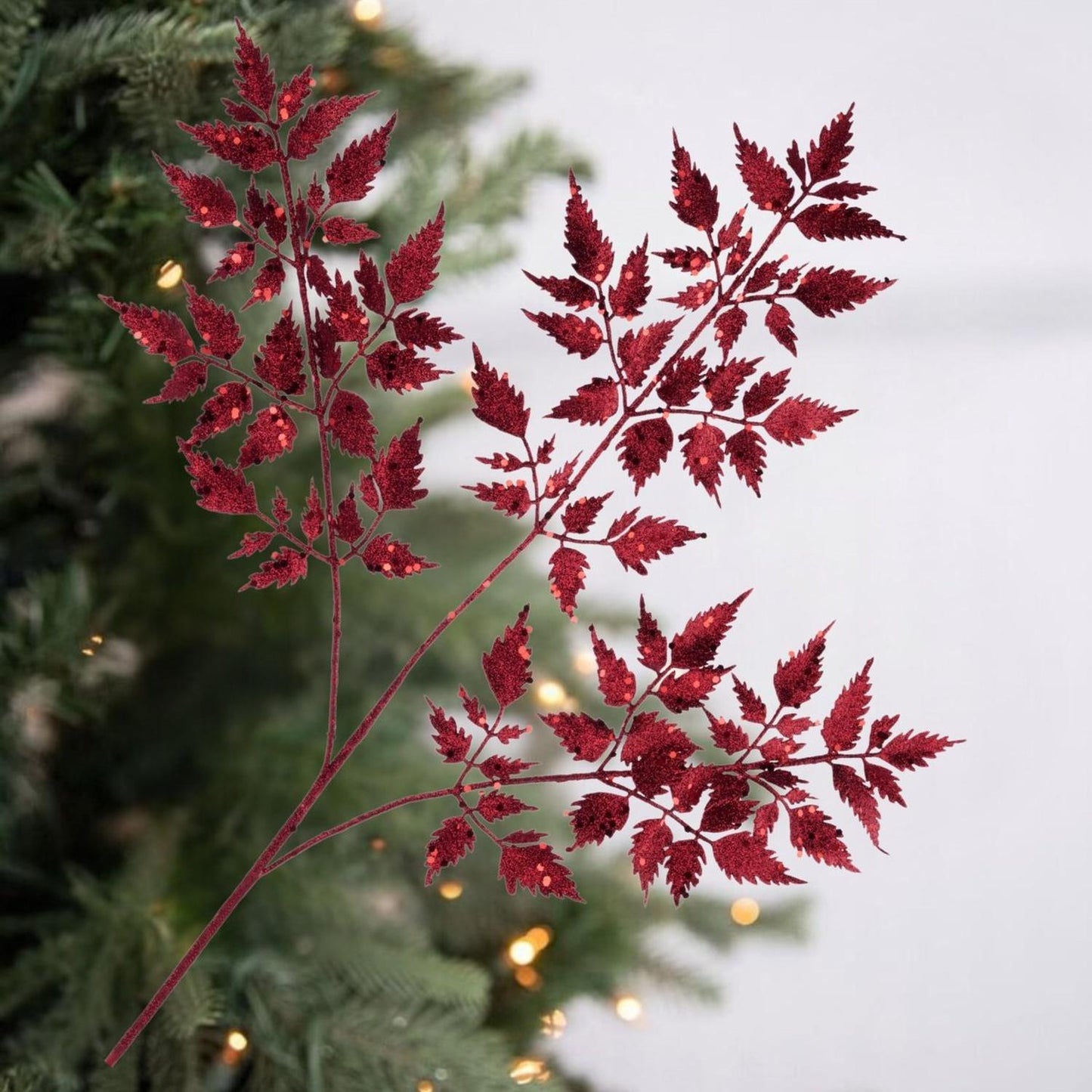 25" Glitter Fern Spray: Burgundy