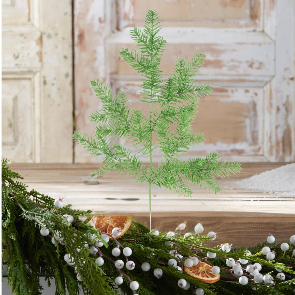 25" Glitter Hemlock Spray: Lime Green
