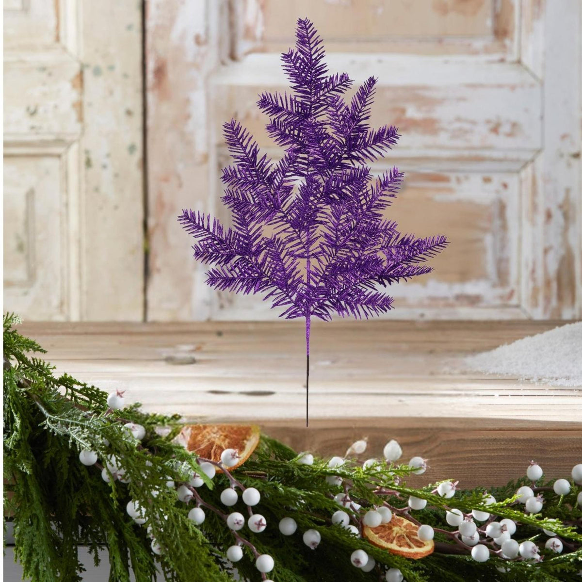 25" Glitter Hemlock Spray: Purple