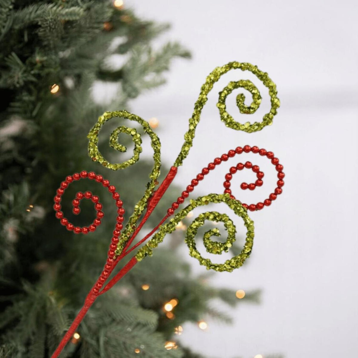 25" Sequin and Bead Swirl Spray: Green/Red