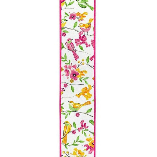 2.5" Birds Floral Branches Ribbon: White (10 Yards)