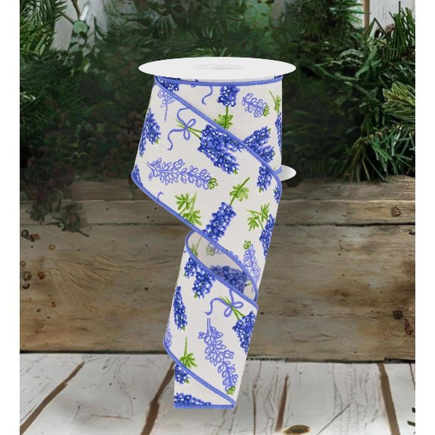 2.5" Bluebonnets Pattern Ribbon: Ivory (10 Yards)
