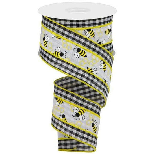2.5" Bumblebees on Check Ribbon: Black & White (10 Yards)