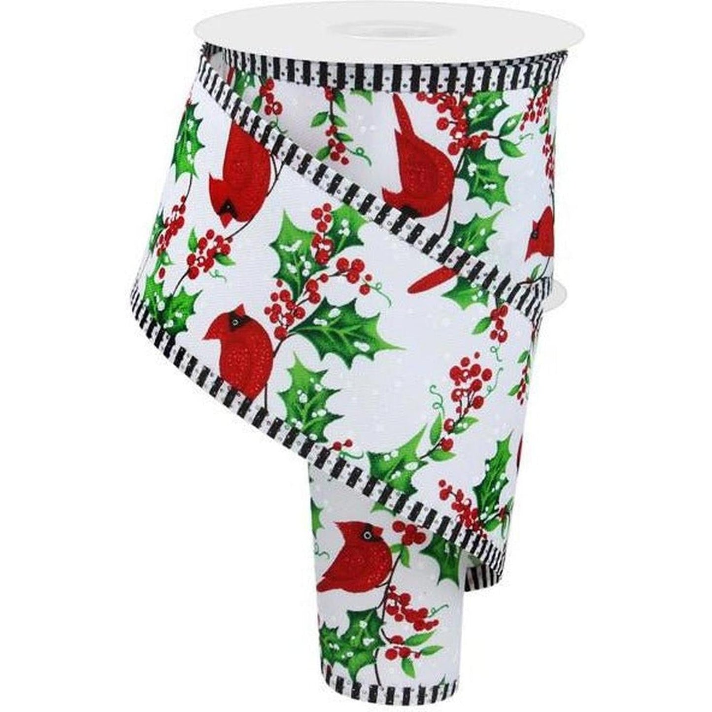 2.5" Cardinal Holly Berry Stripe Edge Ribbon: White (10 Yards)