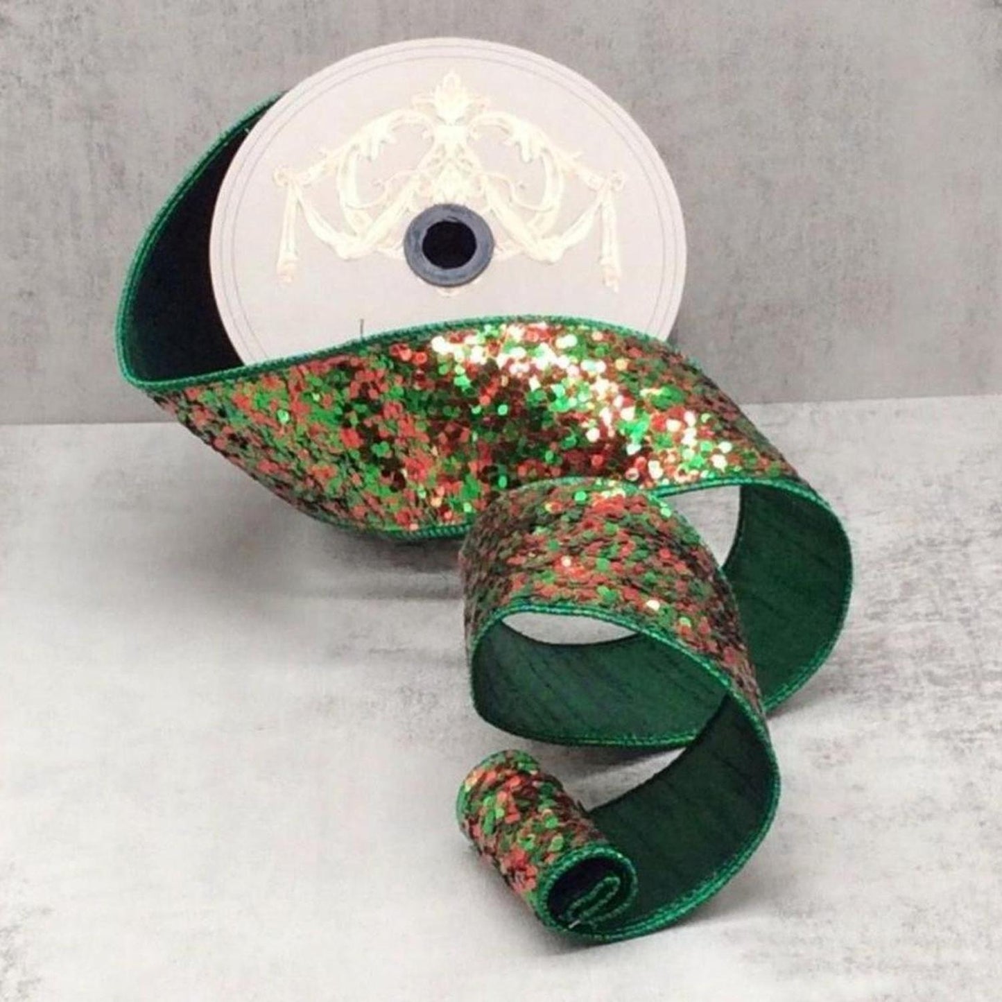 2.5" Cirque Glitter Ribbon: Emerald Green/Red (10 Yards)